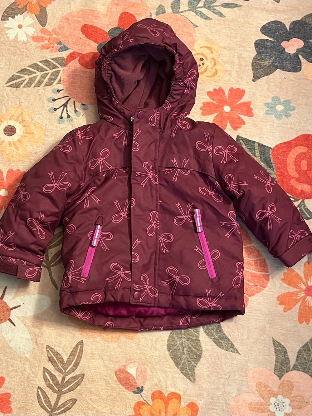 Cat & Jack Maroon Hooded Puffer Jacket with Pink Bow Print